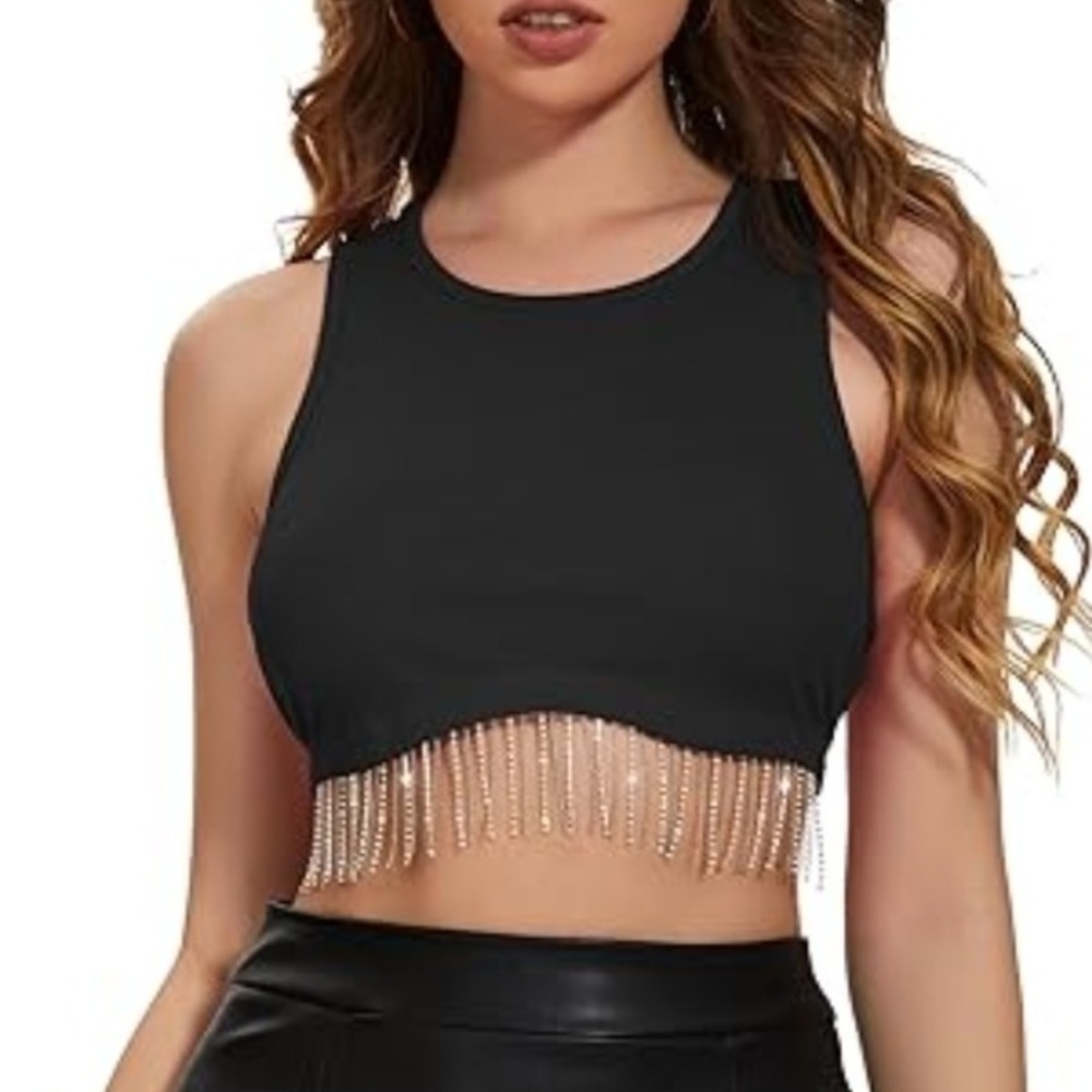 SHEIN Black Rhinestone Fringe Crop Top Sleeveless Sparkly Party Clubwear XS NWT